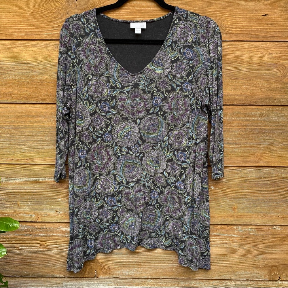 J. Jill Black and Lilac Floral Print V-neck Tunic